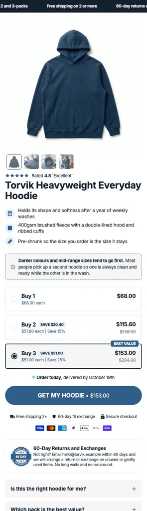 Template 16: Buy 1, 2 or 3 radio cards with a fit check in the buy box, then the brand's story, three features beside photos, four detail cards, a buy-direct panel, reviews, a first-order code and a guarantee