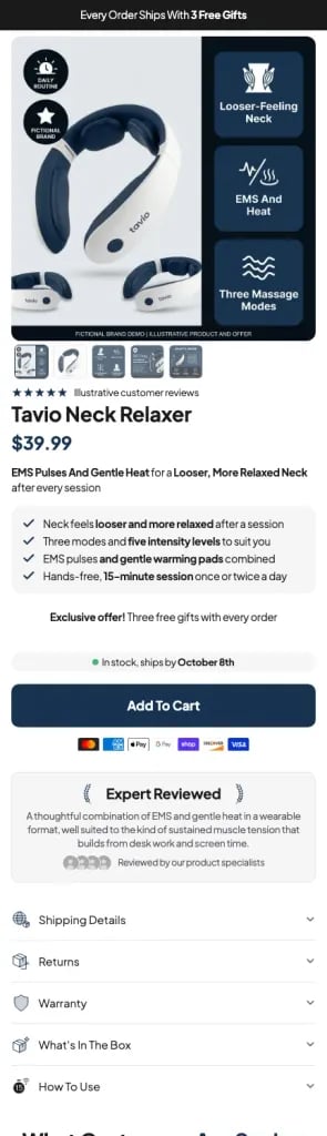 Template 12: One unit with free gifts in the box, then three feature spotlights, a cost chart against paid treatments, survey figures, a timeline, a comparison and a full reviews wall